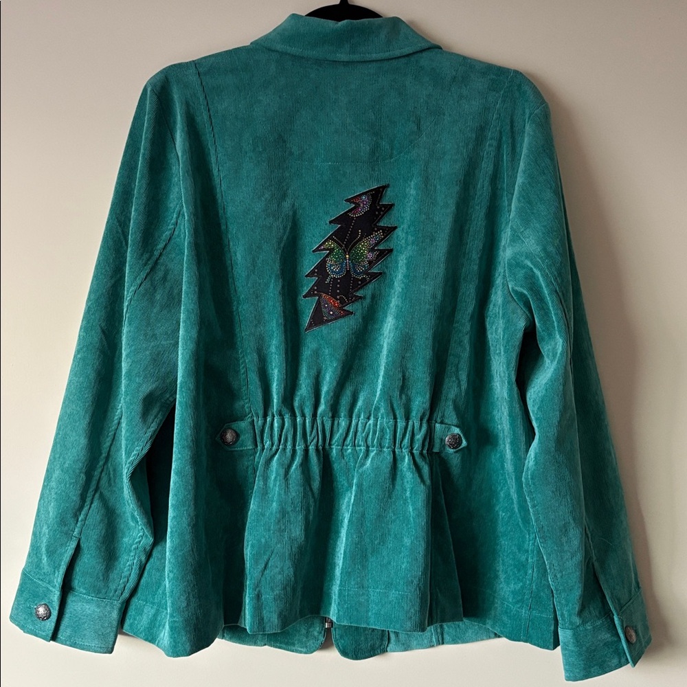 Grateful Dead inspired Butterfly Bolt 
Vintage Upcycled Teal Zipper Jacket